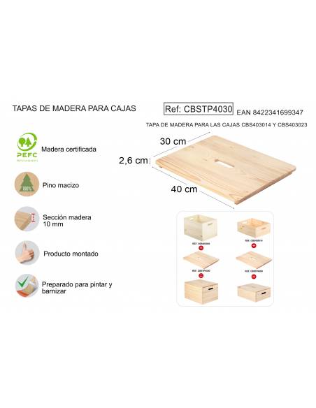 Tapa de madera para cajas pino macizo 40x30