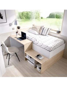 Cama Compacta KRIC con Escritorio y Estantes 90x190 Roble y Blanco - Dekit