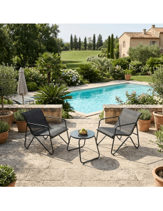 Conjunto jardín 3 piezas antracita con mesa y 2 sillones de acero y textil en exterior resistente - EDM