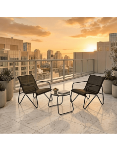 Conjunto jardín 3 piezas antracita con mesa y 2 sillones de acero y textil en exterior resistente - EDM 2