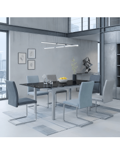 Mesa extensible Bisbe negra 110-170 cm con cristal templado y estructura acero gris
