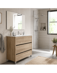 Mueble de baño Kalma 80 cm con lavabo y espejo roble Cambrian  Mueble lavabo