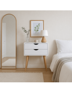 Mesita de Noche Fiano Blanca con 2 Cajones y Patas de Madera 40x30x60 cm - Hibuhome