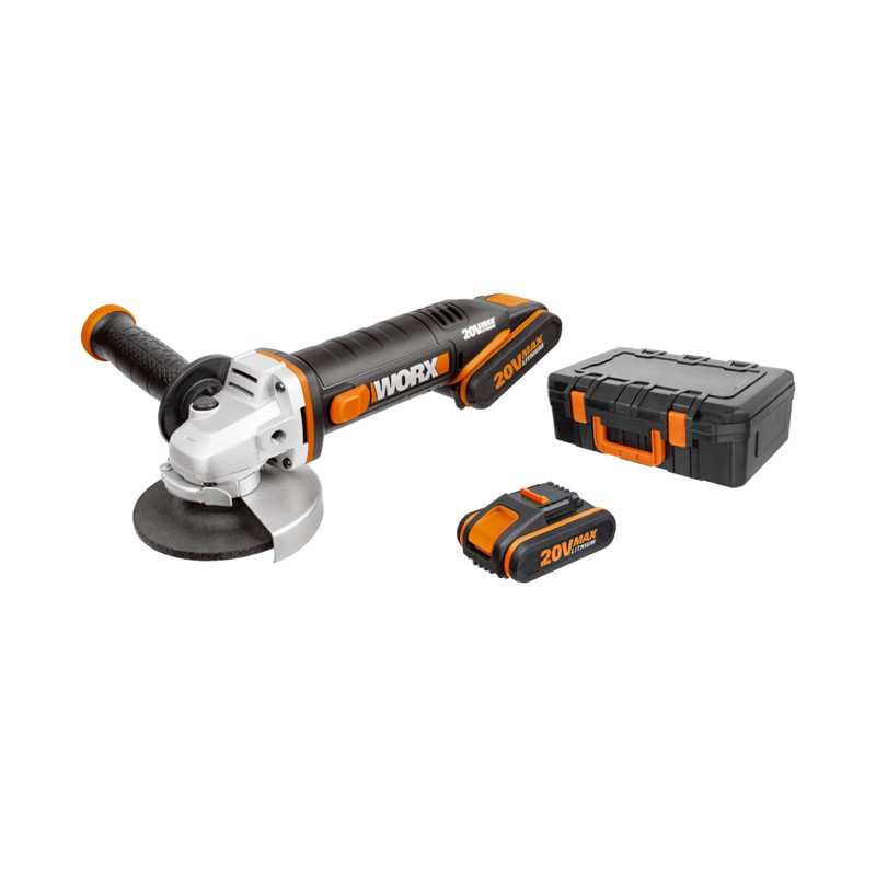 Mini Amoladora de 20 V y Ø115 mm + 2 Baterías + Cargador + Caja de Herramientas WX800 - WORX